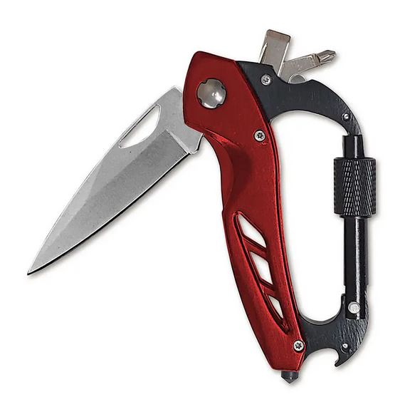 Introducing the Fix It Carabiner Multi from TrixienMilo – a versatile red multitool that includes a folding knife blade, carabiner clip, and an integrated key holder. This handy tool also features a small cylindrical screwdriver mechanism and boasts a black textured grip on the side for added comfort and ease of use.