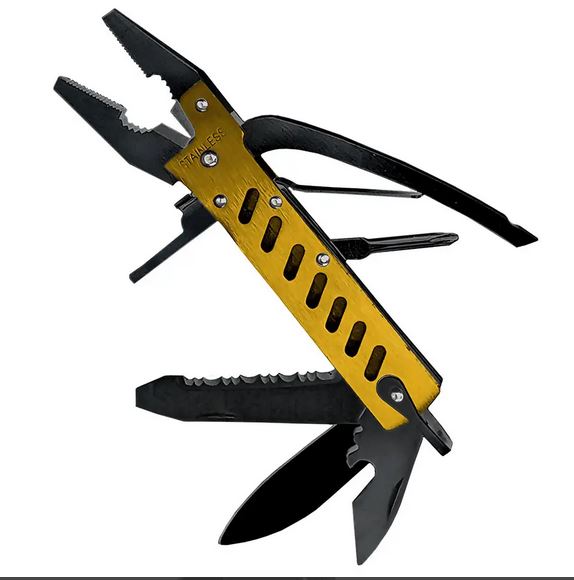 Image of the TrixienMilo Get a Grip Multi Pliers with its yellow handle, featuring versatile pliers, a knife blade, wire cutters, screwdriver bits, and other elegantly extended stainless steel components.