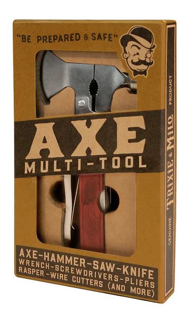 A boxed multi-tool from the brand "TrixienMilo" labeled "AXE MULTI-TOOL." The packaging highlights a versatile tool ideal for camping, boasting 15 functions such as an axe, hammer, saw, knife, wrench, screwdrivers, pliers, rasp, and wire cutters. The box features a retro design with an illustrated man's face.