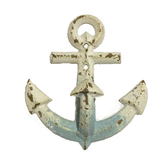 The Cast Iron Anchor Wall Hook by 180Degrees features a charming rustic design with a weathered vintage-style finish in distressed white and blue. This classic piece stands 6" tall and includes a loop at the top, crossbar, and pointed flukes.