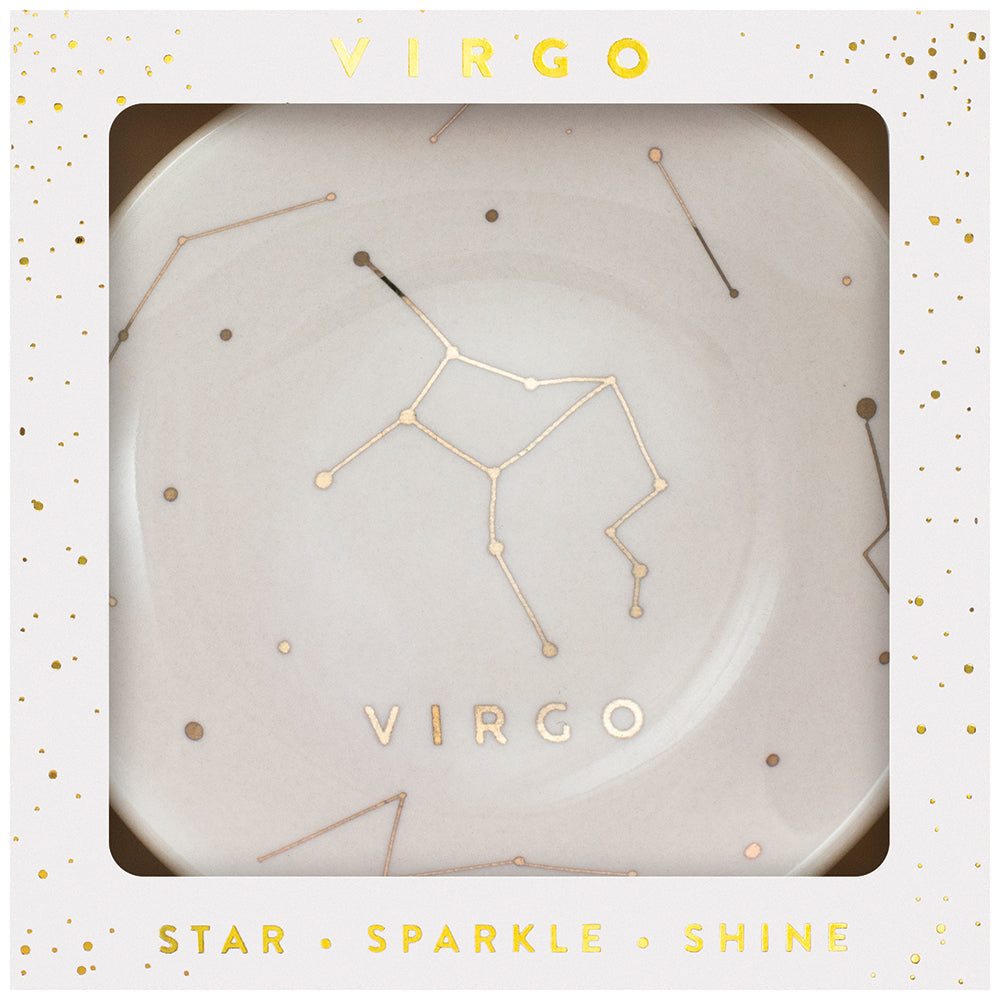 The Dish Virgo by LuckyFeather is a decorative plate featuring the Virgo constellation highlighted in metallic accents. It has a white border embellished with gold dots and the words "VIRGO" and "STAR SPARKLE SHINE" in shimmering gold, making it a celestial keepsake.