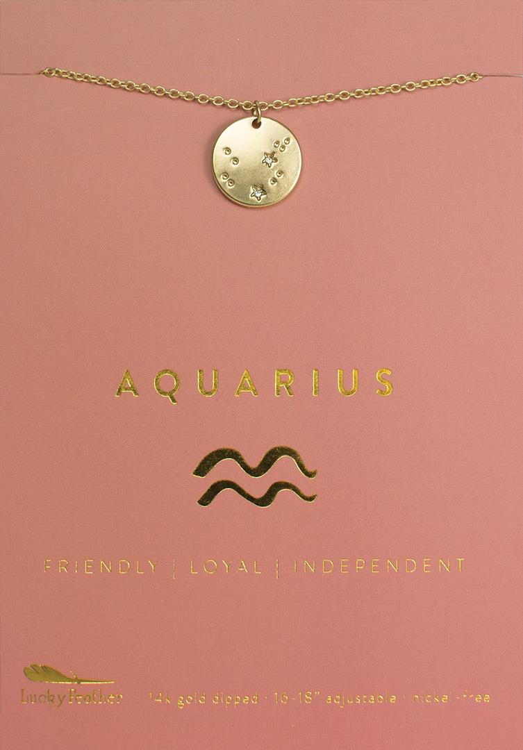 Introducing the Zodiac Necklace Aquarius by LuckyFeather, featuring a round pendant with small clear stones on a pink background. The design highlights the word "AQUARIUS" along with a wave symbol and the traits "FRIENDLY | LOYAL | INDEPENDENT." An adjustable, nickel-free chain completes this stunning piece of jewelry.