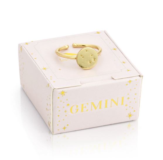 A 14k gold-dipped Gemini Signet Ring by LuckyFeather, featuring a celestial design, rests elegantly on a white box adorned with "GEMINI" in gold lettering. The box is decorated with small star patterns, beautifully accentuating the astrological theme, and the ring's adjustable band ensures a perfect fit for everyone.