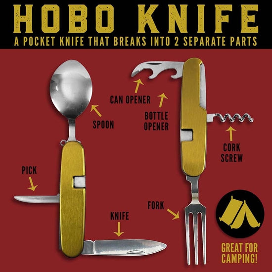 An advertisement for a yellow "Hobo Utensil Tool" by TrixienMilo that separates into two parts. This versatile flatware includes a spoon, fork, pick, knife, can opener, bottle opener, and corkscrew. Text reads "Great for Camping!" with a graphic of a tent at the bottom right.