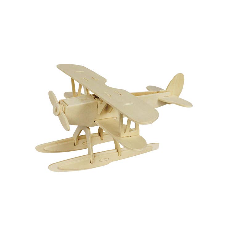 Introducing the DIY Seaplane from Hands Craft—a detailed wooden model of a biplane seaplane featuring dual wings stacked above each other and two large pontoons designed for water landings. Perfect for educational purposes, this DIY assembly wooden puzzle comes with a front propeller, struts, and support wires—all meticulously crafted from non-toxic plywood.