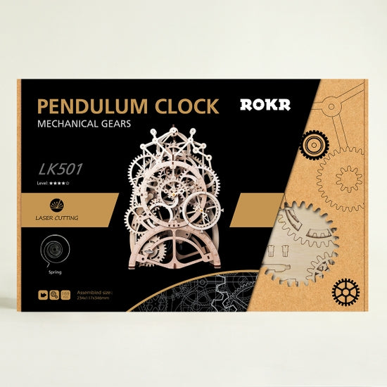 Box cover of the DIY Pendulum Clock model kit by Hands Craft, displaying intricate wooden gears. The package features branding details such as "PENDULUM CLOCK," "Hands Craft," and highlights like "LK501" and "laser cutting.