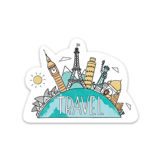 The Travel The World Sticker by Big Moods features illustrations of iconic landmarks like the Eiffel Tower, Big Ben, Leaning Tower of Pisa, Statue of Liberty, Taj Mahal, and Sydney Opera House atop a blue globe with “TRAVEL” boldly written underneath. A sunny background completes this perfect sticker for water bottles or laptops.