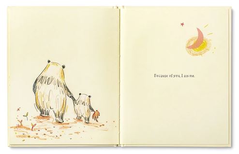 The image depicts an open book titled "Because of You Dad" by Compendium. The left page showcases heartwarming illustrations of two bears, one large and one small, walking hand in hand. On the right page are the words "Because of you, I am me." accompanied by an illustration of a crescent moon beside a star, capturing a sense of Dad's care and gratitude.