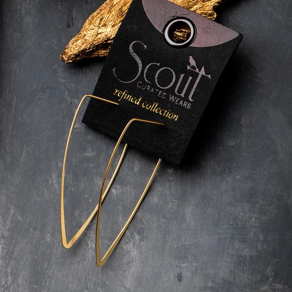 The Galaxy Triangle Gold earrings, a pair of minimalist 18K gold vermeil geometric pieces by Scout Jewelry, are hypoallergenic and free of nickel and cadmium. They are showcased on a black card labeled "Scout Curated Wears Refined Collection," set against a dark background with subtle gold texture accents.