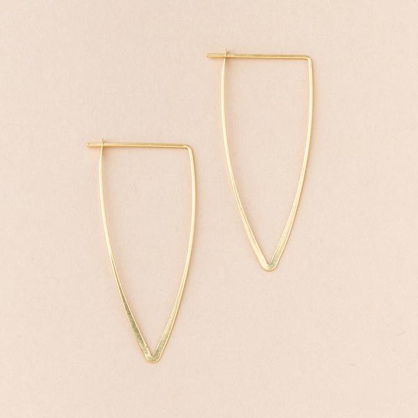 The Galaxy Triangle Gold earrings by Scout Jewelry are a pair of delicate, V-shaped hoop earrings crafted from 18K Gold Vermeil. They are displayed on a beige background and are hypoallergenic, free from nickel and cadmium.
