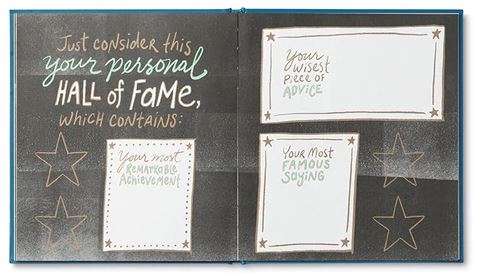 An open book titled "Dad I Wrote A Book About You" by Compendium with headers: "Just consider this your personal Hall of Fame, which contains:" followed by three sections to fill in: "Your wisest piece of advice," "Your most remarkable achievement," and "Your most famous saying." Star illustrations surround the text. It's the perfect heartfelt gift or unique Father's Day present.