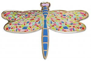 Introducing the Dragonfly Pin by PeterPauperP, an exquisite hard enamel brooch featuring a vibrant mosaic pattern. The wings are adorned with bright pink, green, blue, and red geometric shapes bordered in gold, while the primarily blue body is elegantly accented with gold. This beautiful pin comes perfectly presented in a gift box for that special touch.