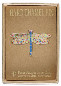 A colorful hard enamel Dragonfly Pin with mosaic-like wings, displayed in a brown gift box. Background text reads "HARD ENAMEL PIN," and at the bottom, it says "PeterPauperP. White Plains, New York." The pin is perfectly sized for any jacket or bag.