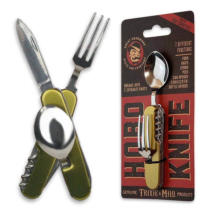 A multi-functional camping tool featuring a detachable spoon, fork, and knife, along with a corkscrew and bottle opener. The flatware tool is shown both folded and in packaging labeled "Hobo Utensil Tool" by TrixienMilo.