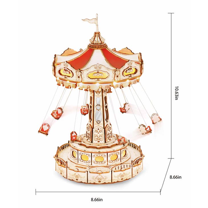 The Electro-Mechanical Wooden Puzzle: Swing Ride by Hands Craft is the perfect crafting hobby project. This model features intricate details and a red roof. Its structure includes several swings suspended by chains, reminiscent of an amusement park series. The dimensions are height 10.63 inches and diameter 8.66 inches.