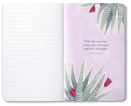 Open the "Each dawn holds a new hope" notebook by Compendium. The left page is lined, while the right page features a purple background with green and red plant illustrations. Showcasing modern typography, the right page presents Eleanor Roosevelt's quote: "With the new day comes new strength and new thoughts.