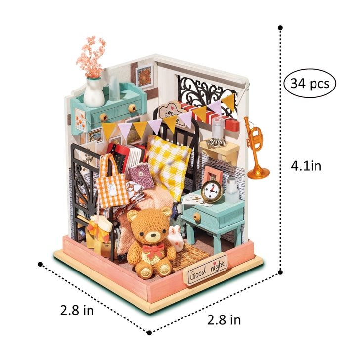 The Bedroom DIY Micro Miniature Kit by Hands Craft features a meticulously designed diorama complete with various pieces of furniture and decorations, such as a bed, a bear plush, books, and a nightstand. Measuring 4.1 inches in height, 2.8 inches in length, and 2.8 inches in width, this detailed crafting kit includes 34 individual pieces—making it a unique hands-on gift for hobbyists.