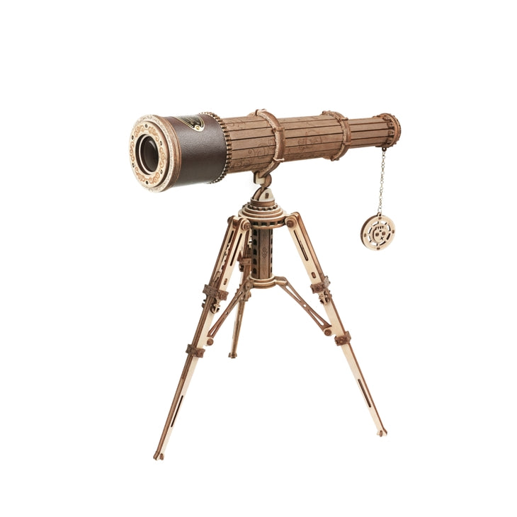 The DIY Wooden Puzzle: Monocular Telescope by Hands Craft showcases intricate detail and craftsmanship, featuring a pirate-inspired design. The model includes an extendable telescopic lens adorned with gear-like decorations and a small clock-like object hanging by a chain. Its sturdy, angular tripod legs complete the impressive display.