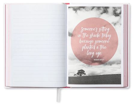 On the left is the FINDING GRATITUDE notebook from Compendium, ideal for self-reflection. On the right is a black-and-white photo of a solitary tree in a field, with a pink circle containing the quote: "Someone's sitting in the shade today because someone planted a tree long ago." This is perfect for your gratitude journal and personal growth journey.