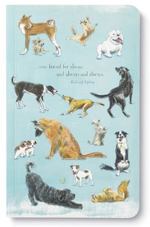 A greeting card from Compendium, called "Our friend for always," showcases various illustrated dogs in different poses and activities against a light blue background. Centered among the beautiful designs is the quote, "Our friend for always and always and always. - Rudyard Kipling," reminiscent of a Write Now Journal.