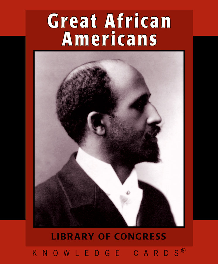 A black and white profile photograph of a bearded man adorns a red-bordered card. Displayed at the top is the text "Great African Americans" with "Library of Congress Knowledge Cards" featured at the bottom, honoring notable civil rights leaders. This card is part of Pomegranate's product line.