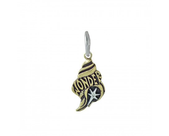 The Wonder Shell by Waxing Poetic is a gold-toned brass charm featuring a wavy design and "WONDER" inscription. It measures .86 inches, includes a sterling silver loop for attaching, and has a small white star near the bottom.