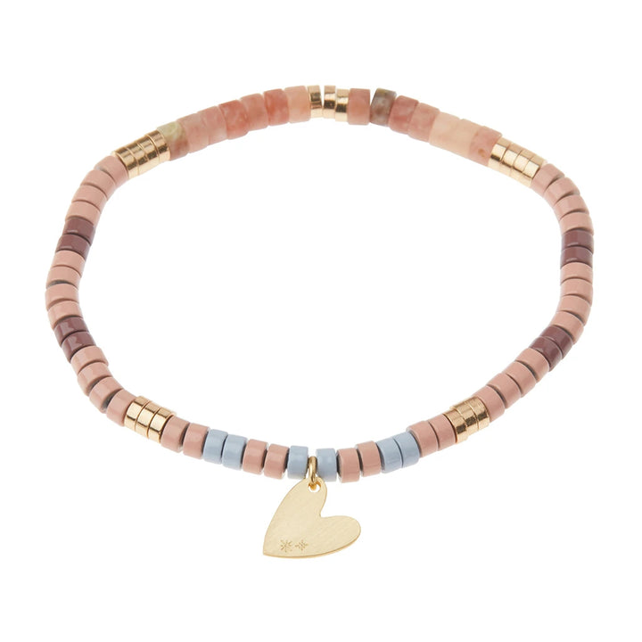 Introducing the Intention Charm Rhod/Gold from Scout Jewelry: a beaded bracelet adorned with an array of pastel-colored beads in shades of pink, maroon, brown, gold, and blue. This exquisite piece incorporates semi-precious stones and is accented with a delicate gold heart charm.