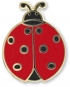 The Ladybug Pin by PeterPauperP features an illustration of a ladybug with a shiny gold outline, ideal for an enamel pin. Its body is adorned in vibrant red with black spots, while the head is black with two delicate black antennae. The straightforward design highlights its bright colors and playful style, making it a perfect addition to any gift box.