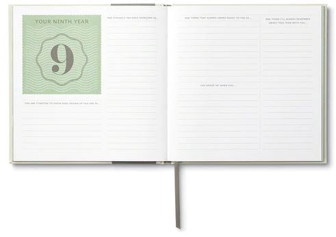 The open Letters To You journal by Compendium reveals a left page adorned with the number "9" and the text "Your Ninth Year," while the right side features lined sections ready for your thoughtful reflections. A ribbon bookmark gracefully marks this keepsake, making it ideal for preserving treasured memories or offering as a heartfelt gift.