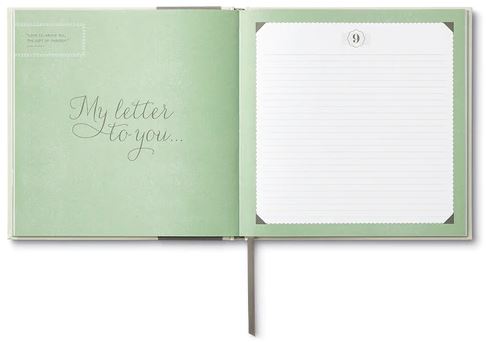 A green book titled "Letters To You" by Compendium features an open page on the left labeled "My letter to you..." and a lined page with a decorative border on the right, accented with a small circle at the top. Complete with a ribbon bookmark, it serves as the perfect keepsake for preserving cherished memories.