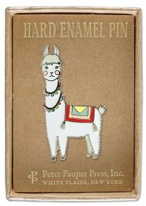 A Llama Pin adorned with vibrant decorations is presented in an elegant gift box, labeled "Hard Enamel Pin" and featuring the branding "PeterPauperP, White Plains, New York.