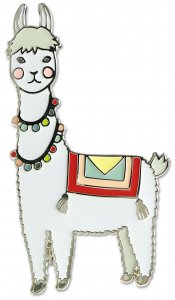 Introducing the Llama Pin by PeterPauperP, featuring a charming illustration of a llama with light gray fur. This hard enamel pin design showcases a lively colorful necklace and a saddle-like blanket adorned with geometric patterns and tassels. With its rosy cheeks and friendly expression, it's the perfect accessory for any llama enthusiast.