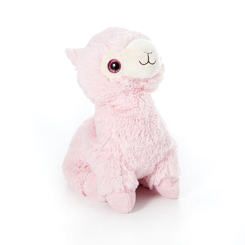 Introducing the Llama Junior Warmie from Warmies, a soft, plush toy shaped like an alpaca sitting upright. This light pink llama features a white face and ears, large round eyes, and a small smiling mouth. Its fuzzy, cuddly surface makes it perfect for warm hugs. Infused with a soothing lavender scent, this huggable companion is part of the beloved Warmies collection.