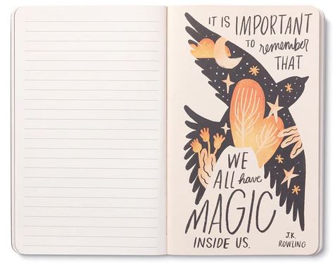 An open Write Now Journal from Compendium's "The Universe is Full of Magical Things" collection is displayed; the left page is lined, and the right page features an illustration of hands reaching upwards with star and flame designs. The quote on the right page reads, "It is important to remember that we all have magic inside us." - J.K. Rowling.