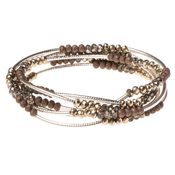 Explore the Scout Jewelry collection, featuring the Wrap Metallic Triple/Silver bracelet. This beaded piece showcases an elegant blend of brown, bronze, and silver hues accented with crystal beads. Crafted with thin metal wires for a sophisticated layered look, it makes for a perfect personalized gift for someone special.