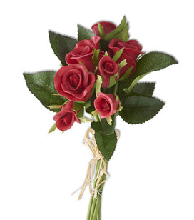 The Real Touch mini Rose Red bouquet by zzzK&K Interiors features vibrant artificial red roses with lifelike green leaves and stems, elegantly tied with a natural-colored raffia ribbon. The arrangement is beautifully displayed against a plain white background.