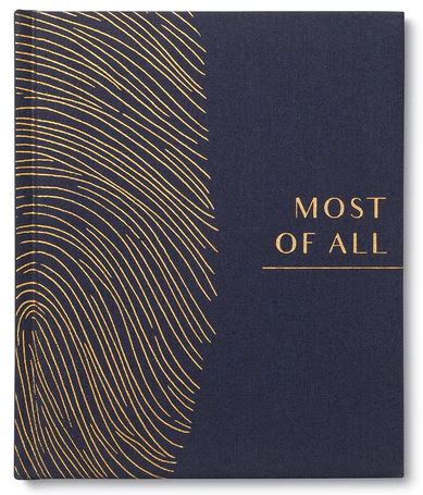 A dark blue book cover from Compendium, named "Most of All," features gold fingerprint-like lines on the left, resembling a family keepsake. The title elegantly appears in gold on the right, suggesting timeless wisdom inside its pages.