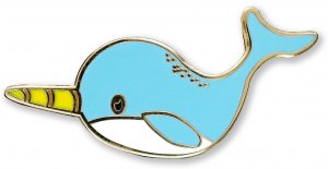 This delightful Narwhal Pin from PeterPauperP features a playful cartoon illustration of a narwhal with a blue body, white underbelly, and charming yellow tusk. The pin is crafted in hard enamel with a gold-highlighted outline and simple details for its eye and mouth. It's an adorable keepsake presented in an appealing gift box.