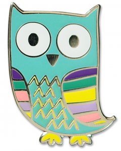 Introducing the Owl Pin by PeterPauperP: This vibrant hard enamel pin features a whimsical cartoon owl with large expressive eyes. The owl boasts a teal body adorned with striking purple, yellow, and pink stripes across its wings, alongside a uniquely patterned chest. Measuring 2-3/8 inches, it showcases charming yellow details on its beak and feet. Elegantly packaged in an attractive gift box, it's an ideal present for any occasion.