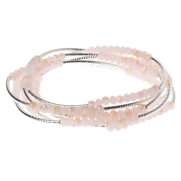 Introducing the "Wrap pink/silver - Life isn't about finding" bracelet by Scout Jewelry, a graceful Scout Wrap featuring multiple strands of pink beads and silver-toned accents in an elegantly intertwined design.