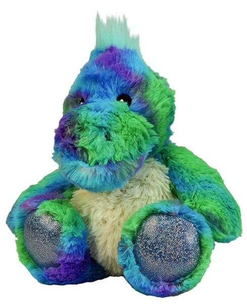 The Rainbow Dinosaur Junior Warmie by Warmies is a colorful plush toy with a fluffy look and calming lavender scent. It features a blue and green body, purple patches, creamy white belly, shiny silvery feet, and light blue fur tuft—ideal for snuggles.