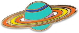 Introducing the Ladybug Pin by PeterPauperP! This exquisite enamel pin showcases a stylized planet design, featuring a turquoise globe with a blue stripe and vibrant, multicolored rings in shades of orange, yellow, and purple. Elegantly outlined in gold, it makes an ideal addition to any gift box.