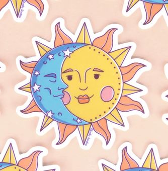 The Sun and Moon Sticker by Lucky Sardine features an illustration of a sun and moon combined face. The sun half is yellow with red cheeks and a smiling expression, surrounded by orange and yellow rays, while the moon half is blue with a peaceful face adorned with stars. This Celestial design is crafted as a waterproof vinyl sticker on a light beige background.