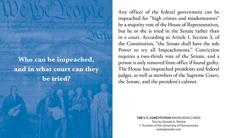 A blue-toned image from Pomegranate’s "The Constitution" product showcases part of the U.S. Constitution and an illustration of historical figures on the left. On the right, text presented in a Q&A format explains who can be impeached in the U.S., outlines the impeachment process, and details the necessary votes from the House of Representatives and the Senate.