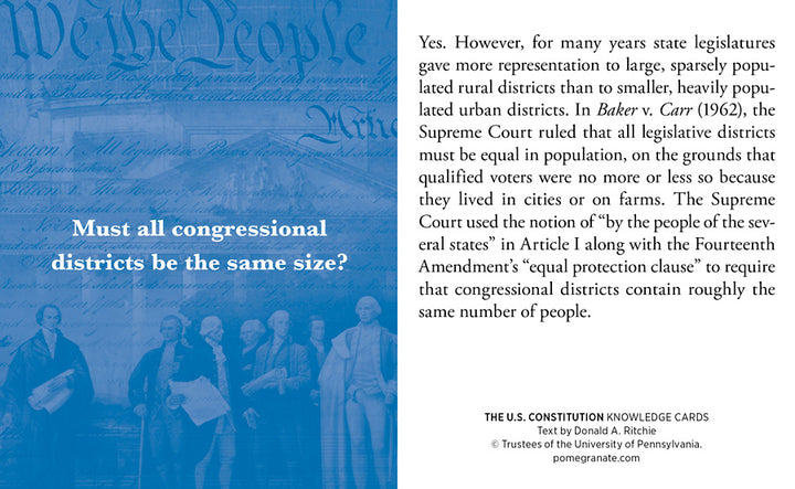 An informational card from Pomegranate titled "The Constitution" features a Q&A format explaining the Supreme Court ruling in Baker v. Carr (1962) that legislative districts must have roughly the same number of people, in alignment with principles of the U.S. Constitution. The background includes a blue image of the founding fathers.