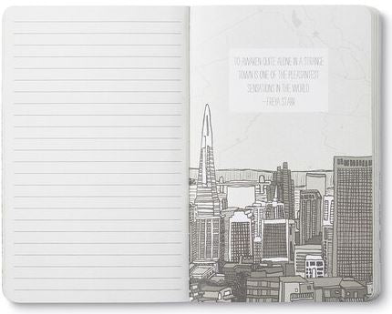 A notebook from COMPENDIUM titled "They should tell you when" features open pages with lines on the left and a stunning city skyline design on the right, adorned with an elegantly printed quote by Herb Caen in modern typography.