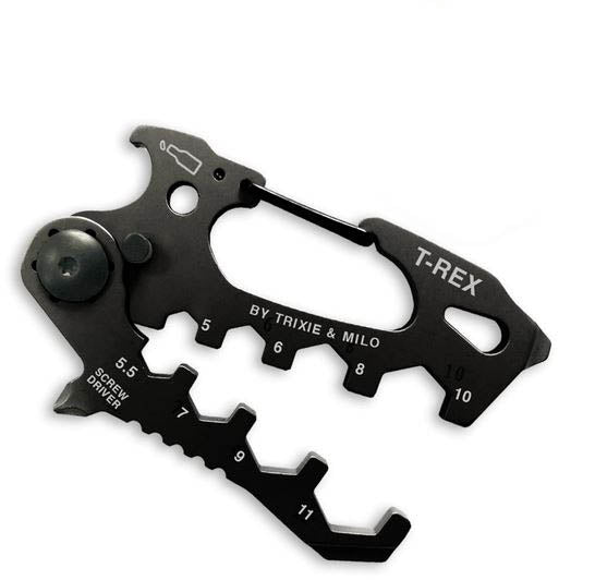 Introducing the T-Rex Multi-Tool 15-in-1 by TrixienMilo: a stainless steel tool shaped like a T-Rex, equipped with wrenches ranging from sizes 5 to 12, a screwdriver, and an integrated carabiner clip. The engravings "T-Rex" and "By Trixie & Milo" add a stylish touch.