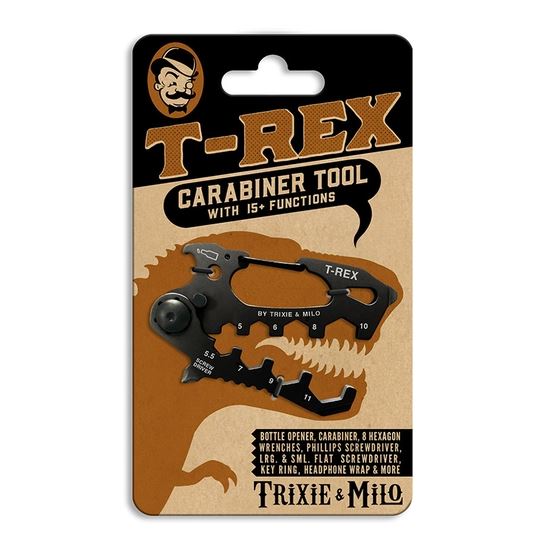 The T-Rex Multi-Tool 15-in-1 tool by TrixienMilo presents a stainless steel, dinosaur-shaped multi-tool offering over 15 functions, including a bottle opener and an assortment of screwdrivers. The packaging displays a stylized dinosaur illustration against a brown background.