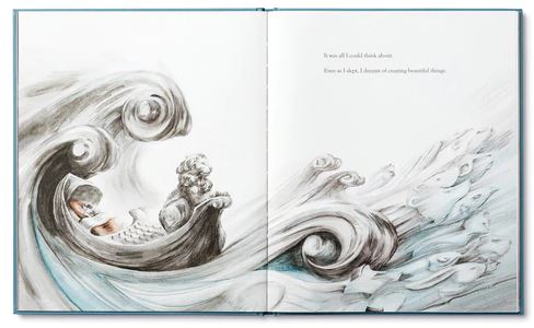 An open copy of the Trying Book by Compendium showcases an illustration of a person in a boat, navigating stylized waves with animal-like shapes. The text on the right page reads, "In art all I could think about. Even as I slept, I dreamt of creating beautiful things while trying something new and overcoming beginner doubts.