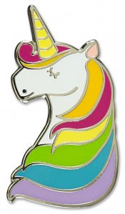 The Unicorn Pin by PeterPauperP is a delightful gift box addition, featuring a unicorn head with a yellow horn and a vibrant striped mane in shades of pink, yellow, green, blue, and purple. This whimsical hard enamel pin is outlined in shiny silver and measures just inches across.